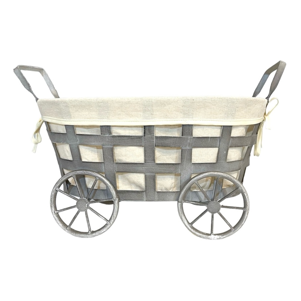 Metal Wagon Lined Basket Farmhouse Decor Rustic Table Top Counter Accent Storage